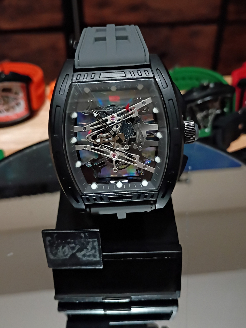 Skeleton Dial Black Sport Watch with Grey Strap